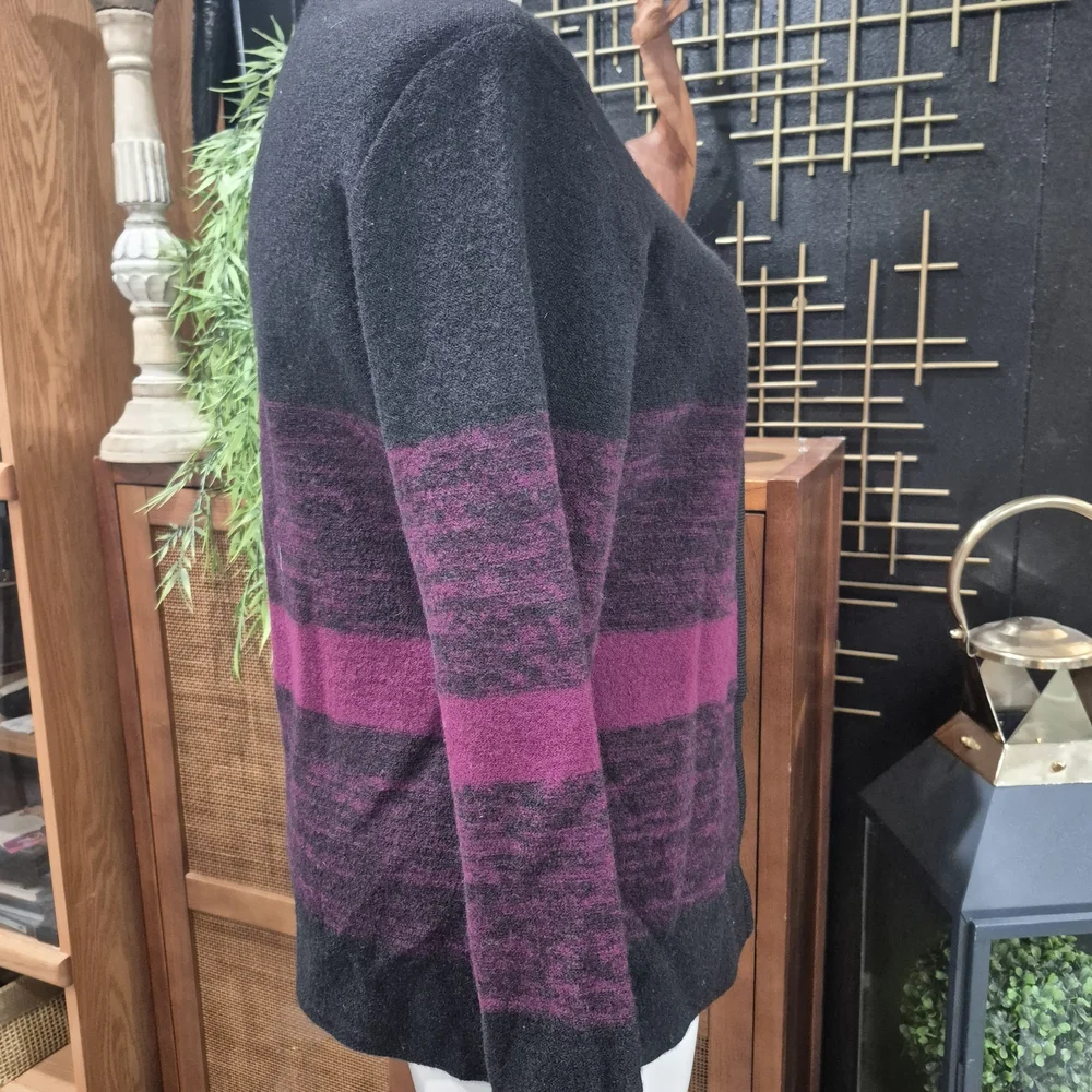 Katie Todd Elegant Black & Magenta Striped Wool-Blend Cardigan Sweater Sz L - Picture 3 of 10